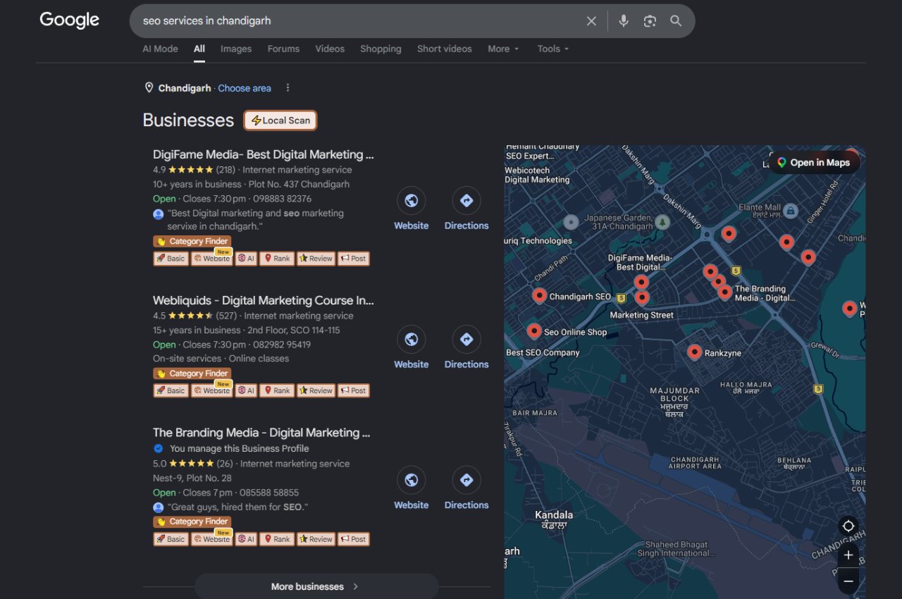 local SEO services Chandigarh – Google map pack example